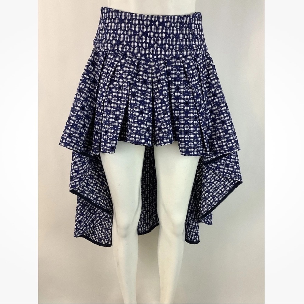 Tish Cox Sz XS Eyelet Ruffle High Low Hem Skirt Blue White Boho Texas